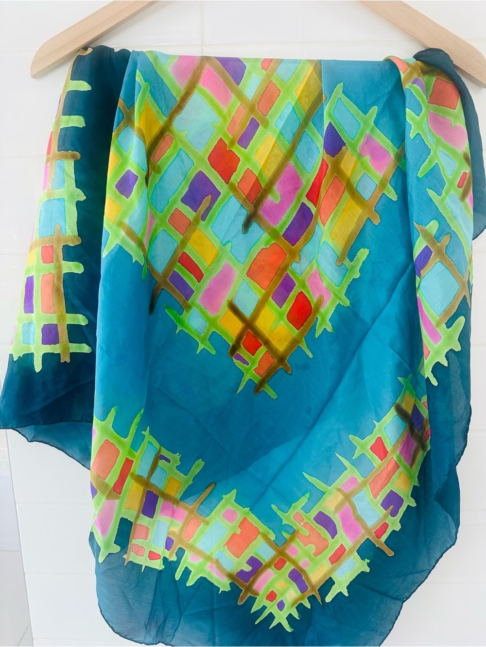 Vibrant Teal  💯 Silk Scarf with Multicolor Geometric Print